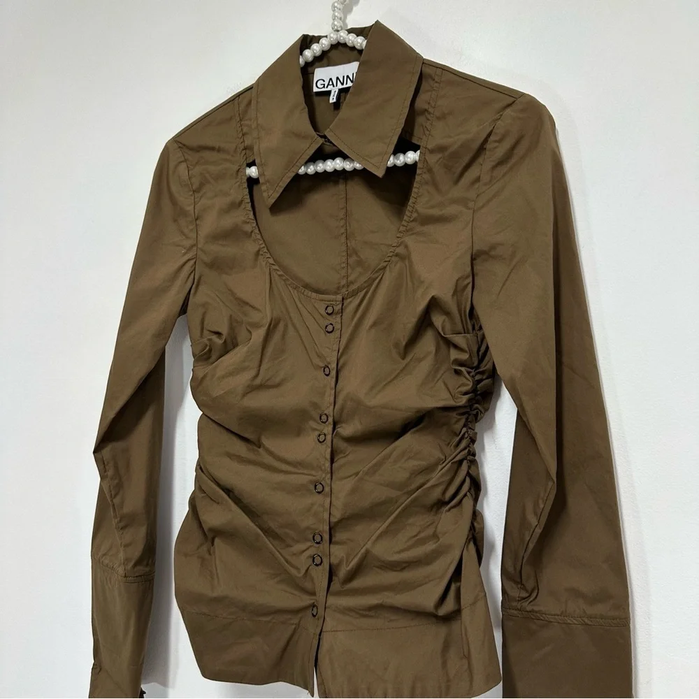 Ganni Cut Out Tailored Button Down Shirt in Brown